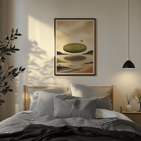 Framed mockup style image of an abstract golf print with central floating green