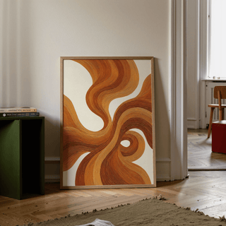 Wall Art with Burnt Orange, abstract lines, beige and orange print for hallway