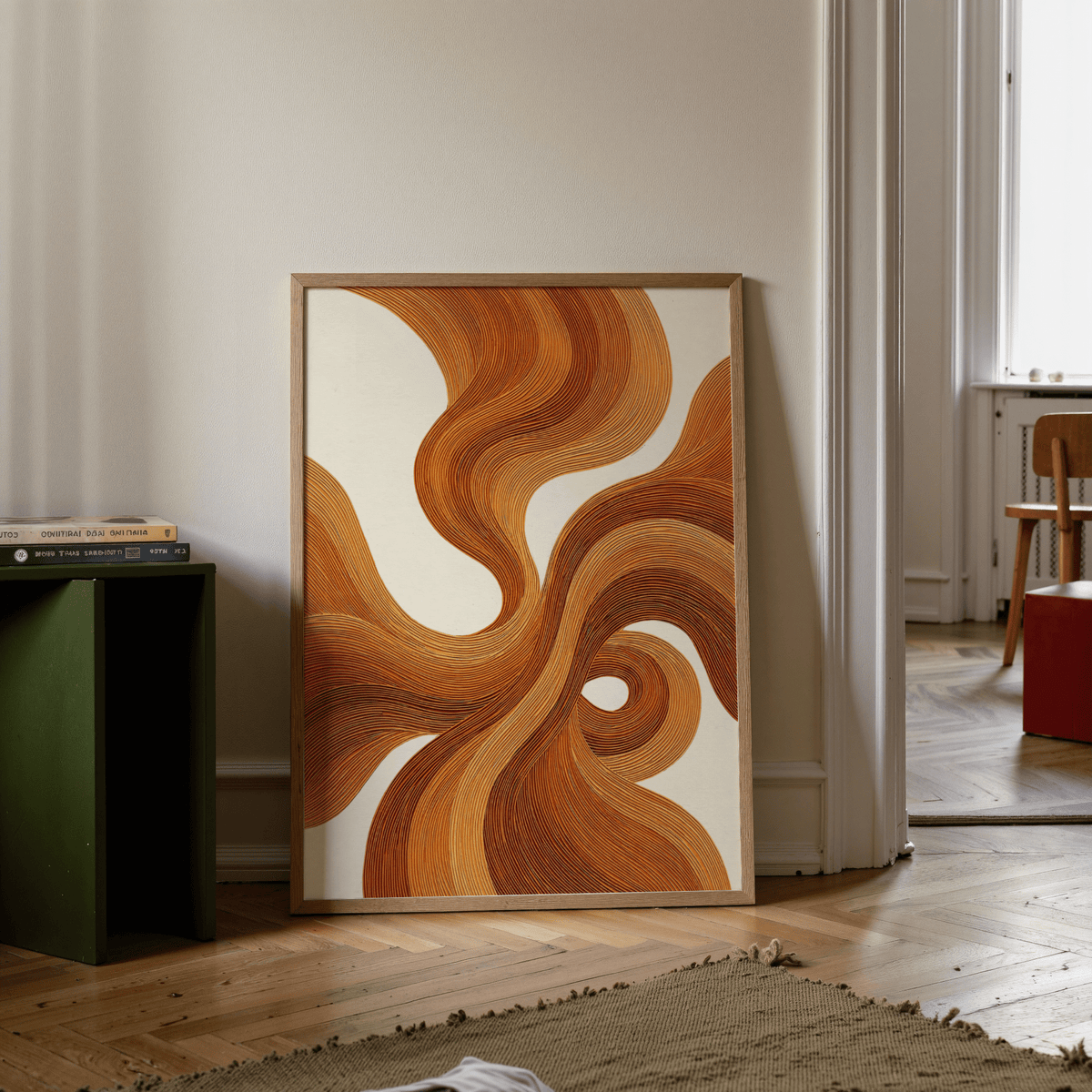 Wall Art with Burnt Orange, abstract lines, beige and orange print for hallway