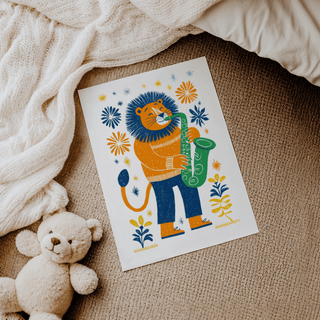 Saxophone Lion Art Print, multicolored, fun illustration, living room art print