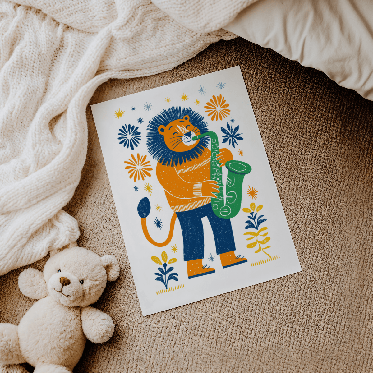 Saxophone Lion Art Print, multicolored, fun illustration, living room art print
