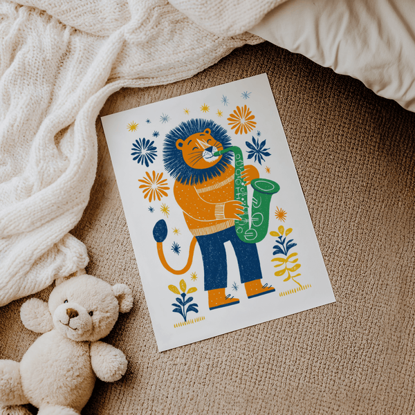 Saxophone Lion Art Print, multicolored, fun illustration, living room art print