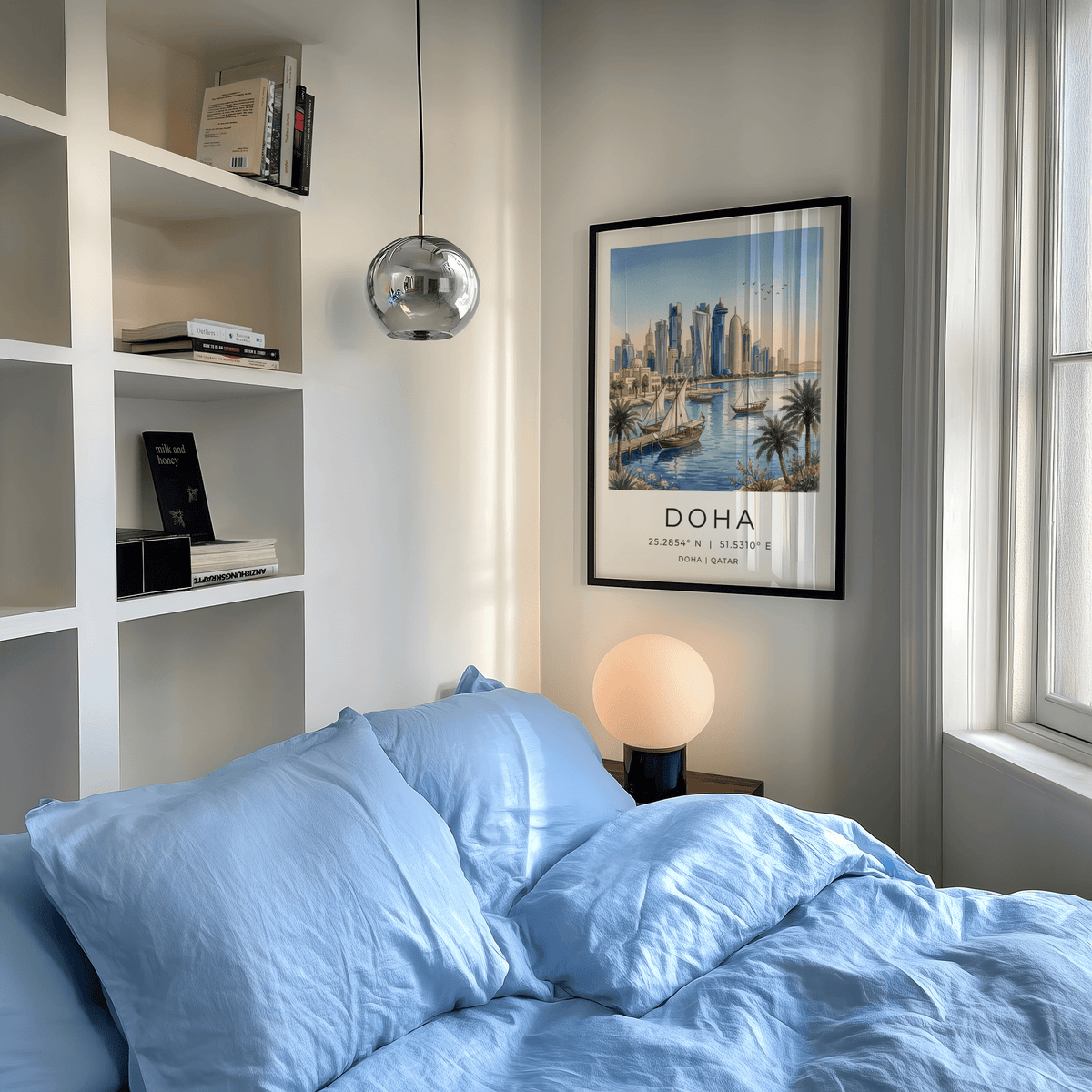 Illustrated Doha skyline wall art print with boats on the bay