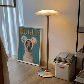 Fashion Dog Poster using blue, beige, and gold, standout art print for gallery wall