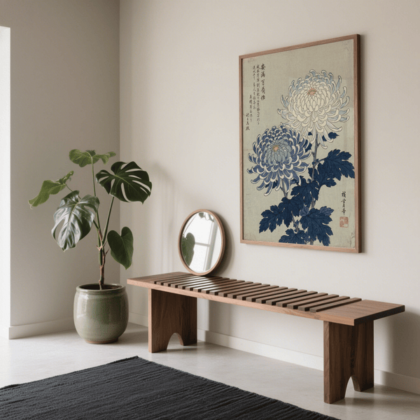 Chrysanthemum Art Print in Beige, White, and Blue, ideal for entryway display