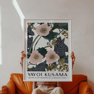 Soft pink wall art for bedroom with Kusama-style patterns and flower clusters