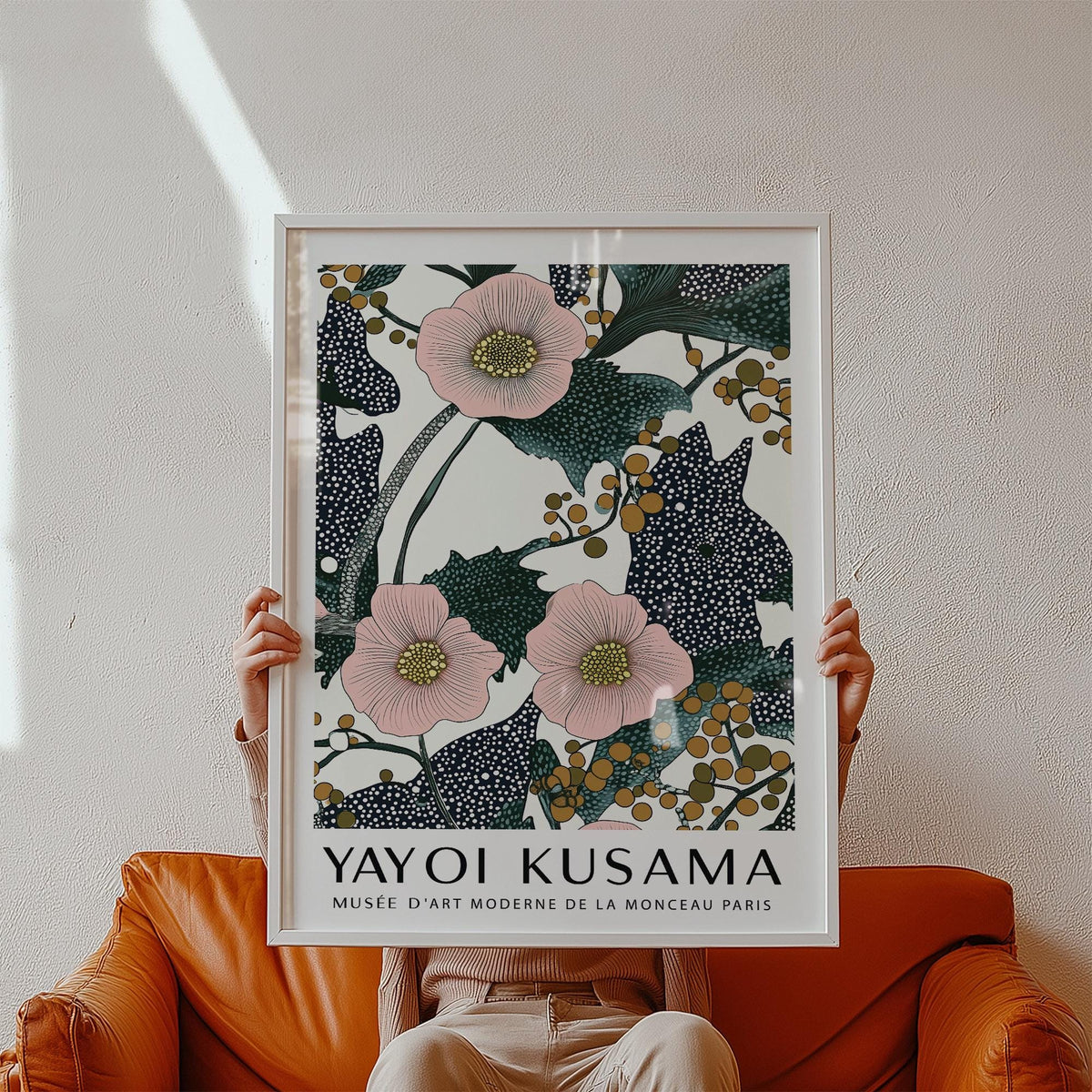 Soft pink wall art for bedroom with Kusama-style patterns and flower clusters