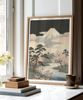 Japanese Art Mountains wall art featuring Green, Black, Beige, Yellow, ideal for modern office decor