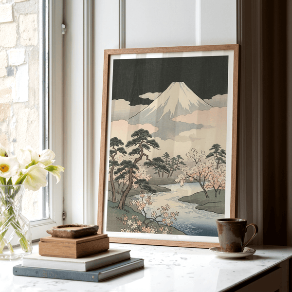 Japanese Art Mountains wall art featuring Green, Black, Beige, Yellow, ideal for modern office decor