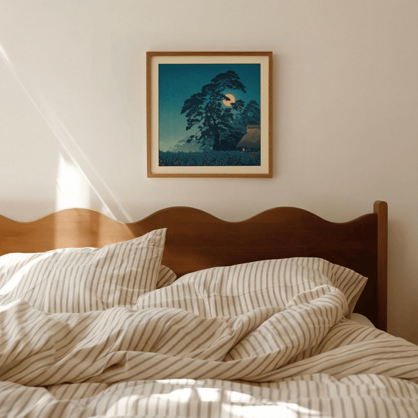 Hasui Kawase moon print depicting pine branches around full moon