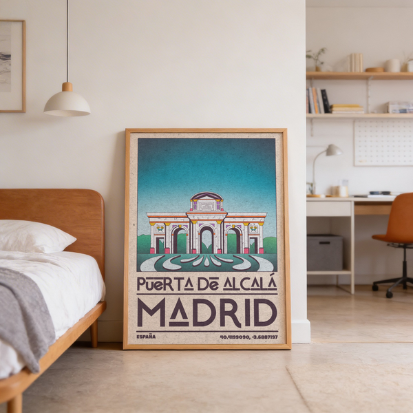 Highlighting Puerta de Alcalá architecture print poster with geometric sky gradient and curved plaza lines