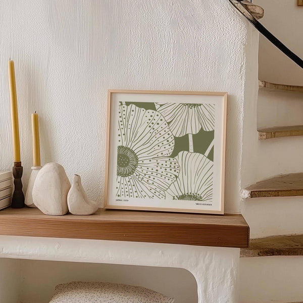 Abstract sage green wall art with Kusama-style intricate design