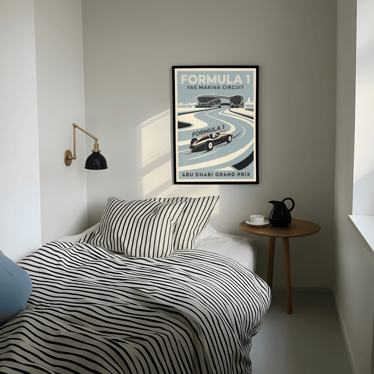 Close-up of vintage race car illustration on motorsport poster print with curved track