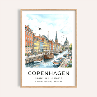Overview of Copenhagen Canal Wall Art poster showing canal, boats, and colorful townhouses with Copenhagen text