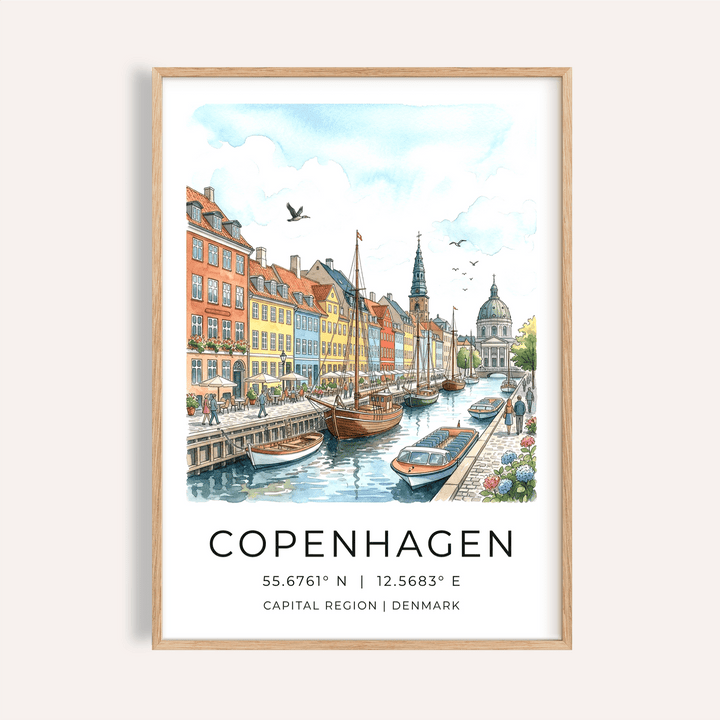Overview of Copenhagen Canal Wall Art poster showing canal, boats, and colorful townhouses with Copenhagen text