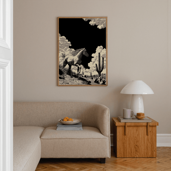 Running Horse Wall Art displaying ink-drawn steed and prickly pear landscape