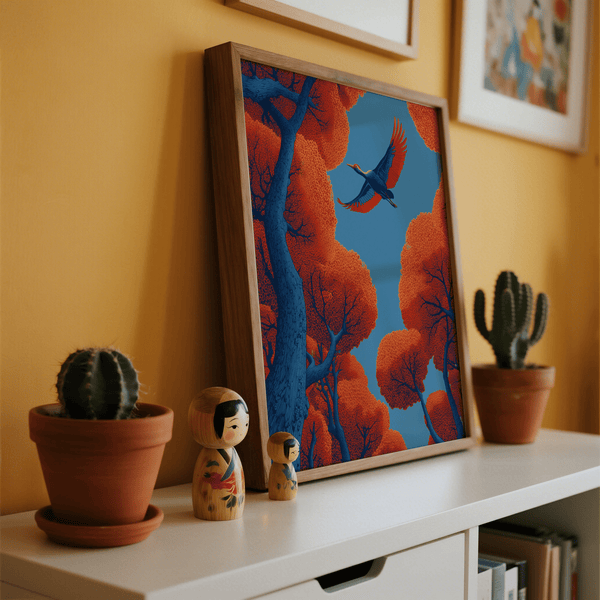 Fyling Bird Wall Decor detailed blue bird and red trees for entryway art print