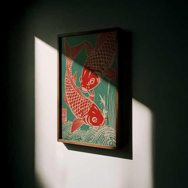 Elegant Red Koi Art in red and green, perfect for office wall