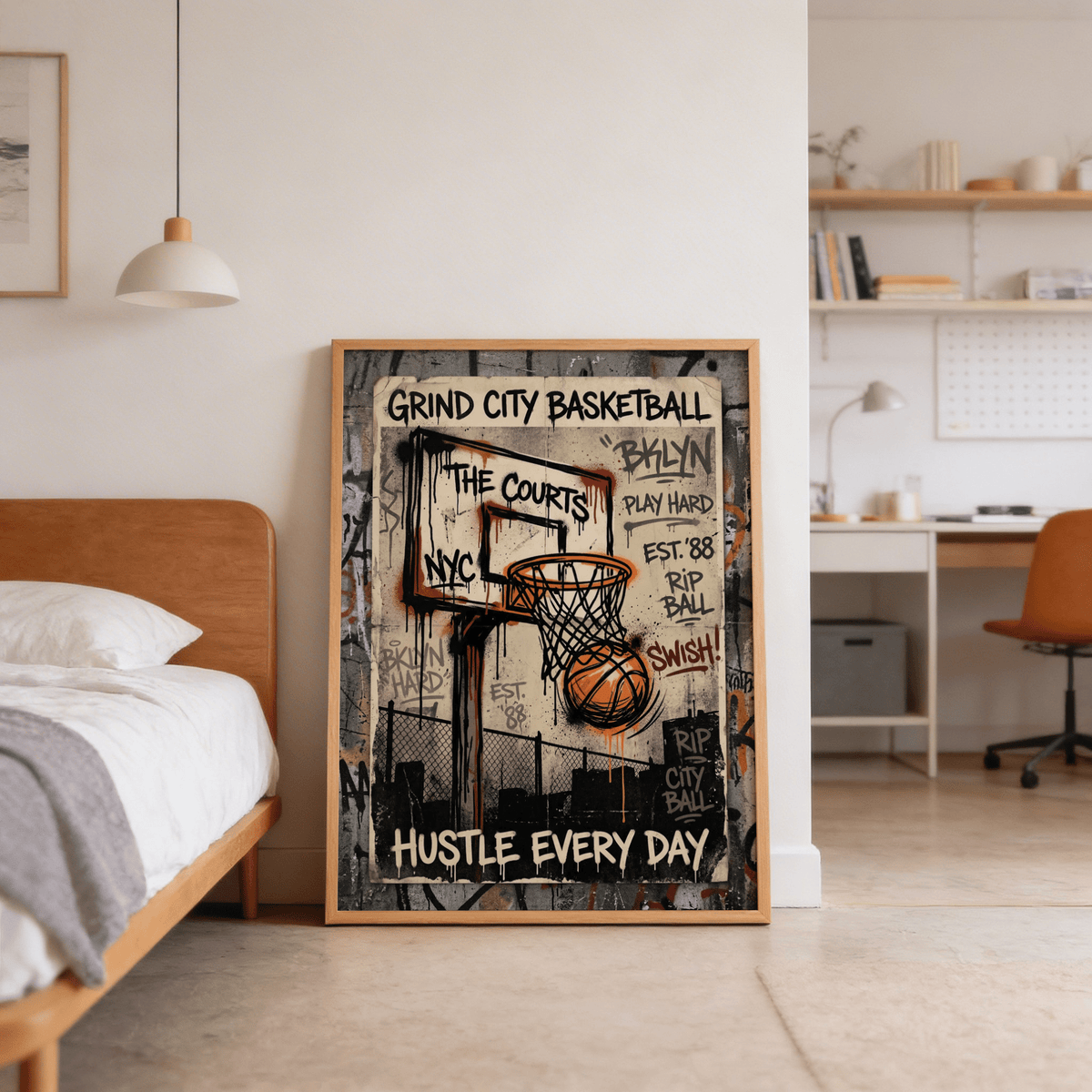 Layered bold typography and splatter textures forming gritty sports artwork