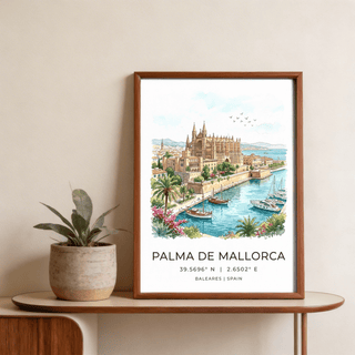 Typography section with PALMA DE MALLORCA title and coordinates on travel poster print