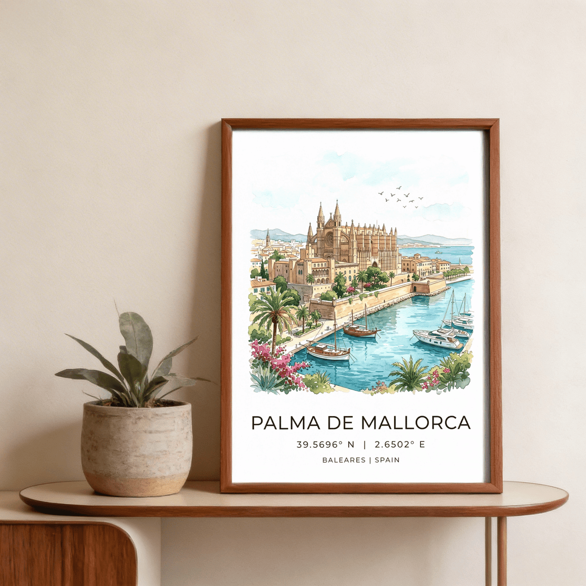Typography section with PALMA DE MALLORCA title and coordinates on travel poster print