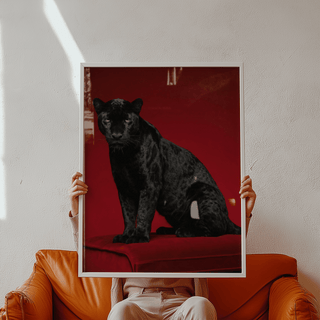 Bold Black Panther Art Print on red, perfect for bedroom wall art