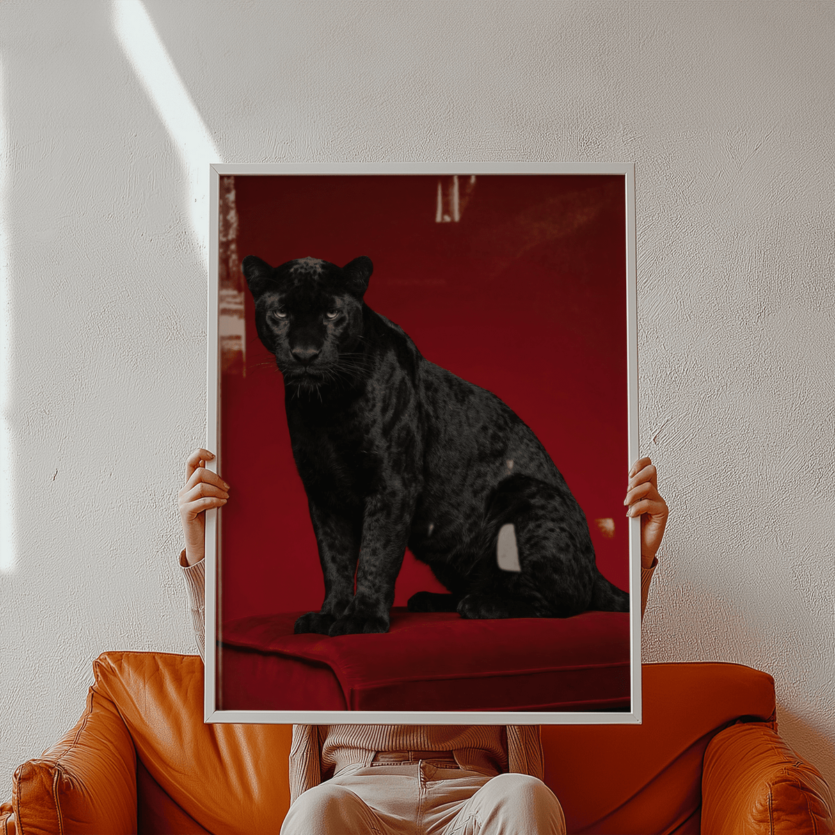 Bold Black Panther Art Print on red, perfect for bedroom wall art