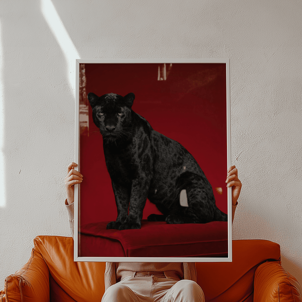 Bold Black Panther Art Print on red, perfect for bedroom wall art