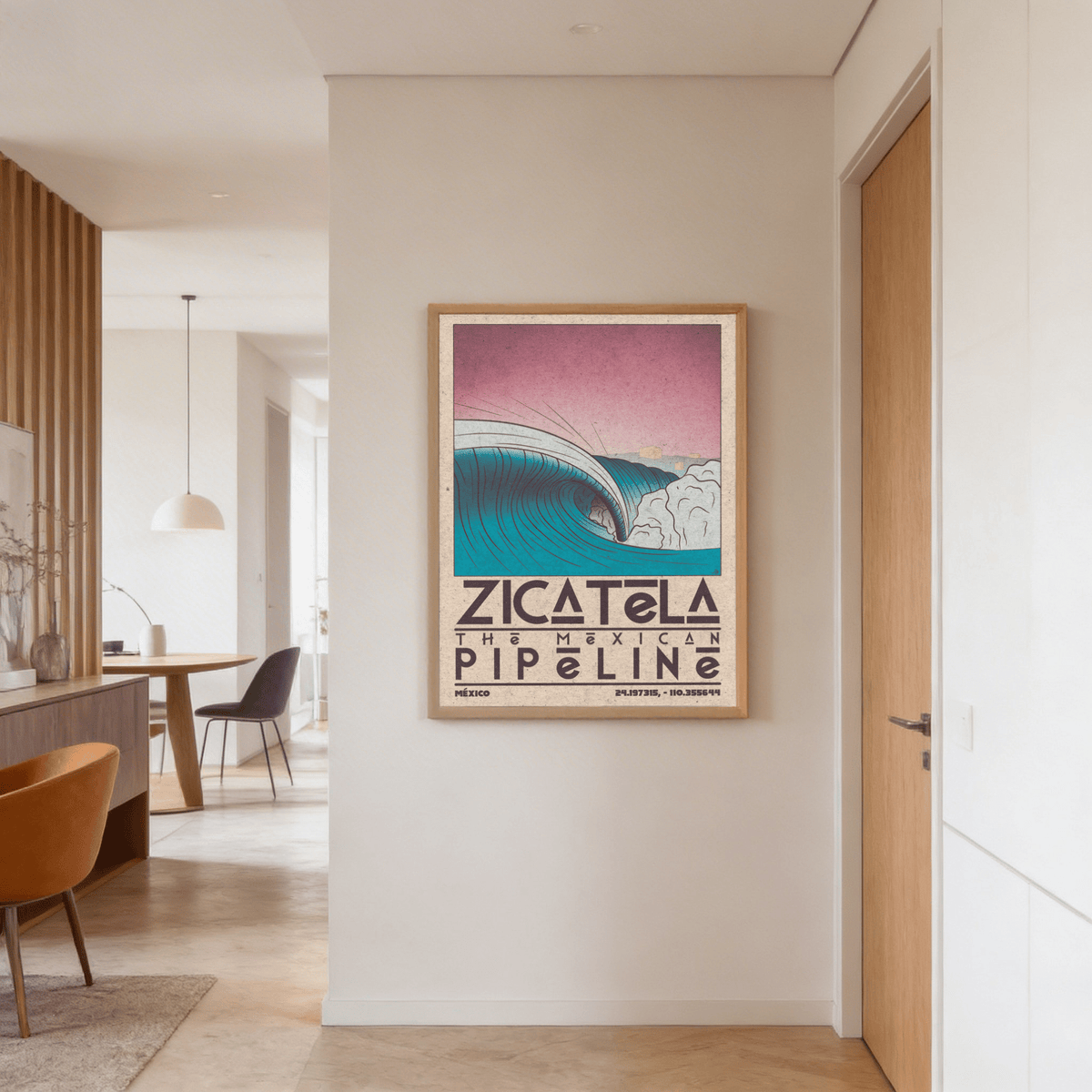 Capturing coastal surf wall art poster with large wave and worn paper texture