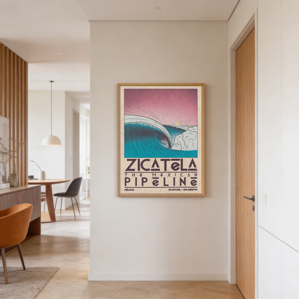 Capturing coastal surf wall art poster with large wave and worn paper texture