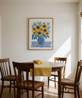 Sunflower Print artwork with contrasting yellow and cobalt hues for a fresh, modern feel.