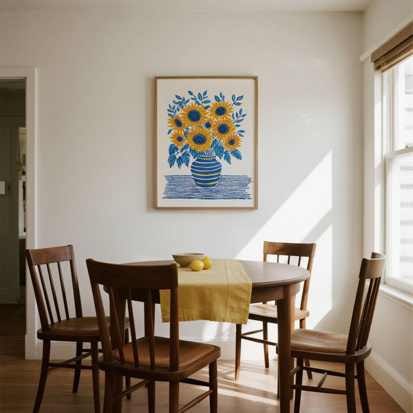 Sunflower Print artwork with contrasting yellow and cobalt hues for a fresh, modern feel.