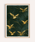 Featuring flying cranes wall art print with star-like dots and sweeping ribbon shapes