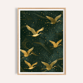 Featuring flying cranes wall art print with star-like dots and sweeping ribbon shapes