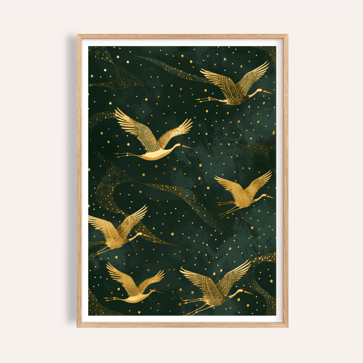 Featuring flying cranes wall art print with star-like dots and sweeping ribbon shapes