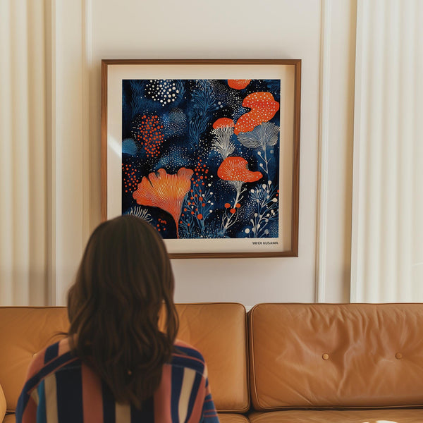 Unique Living Room Wall Art with navy tones and organic orange shapes.
