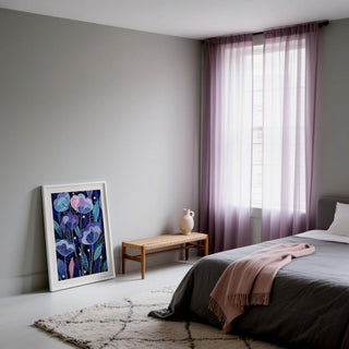 Abstract botanical Purple Flower Poster with Japanese aesthetic influence.