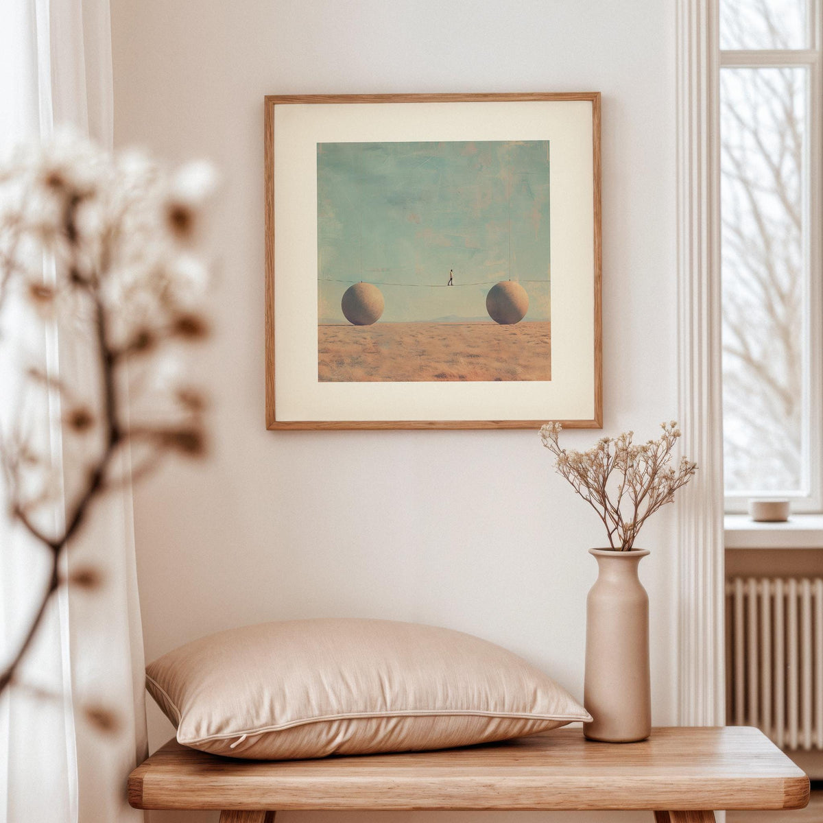 Minimalist surrealist artwork with floating spheres and a tightrope walker