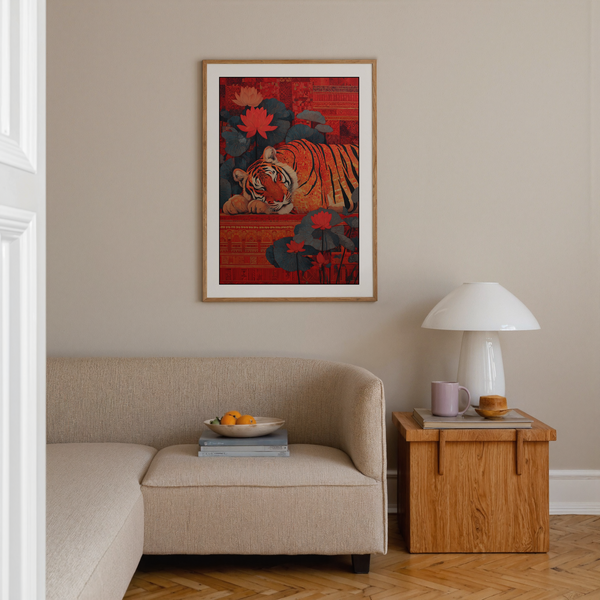 Wildlife print showing reclining tiger framed by broad lily pads and lotus flowers