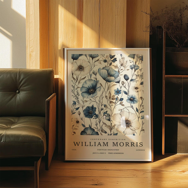 William Morris–style neutral wall art for living room in soft blue and cream.