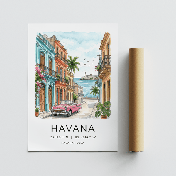 Coastal street illustration print with palm trees, balcony railings, and classic convertible