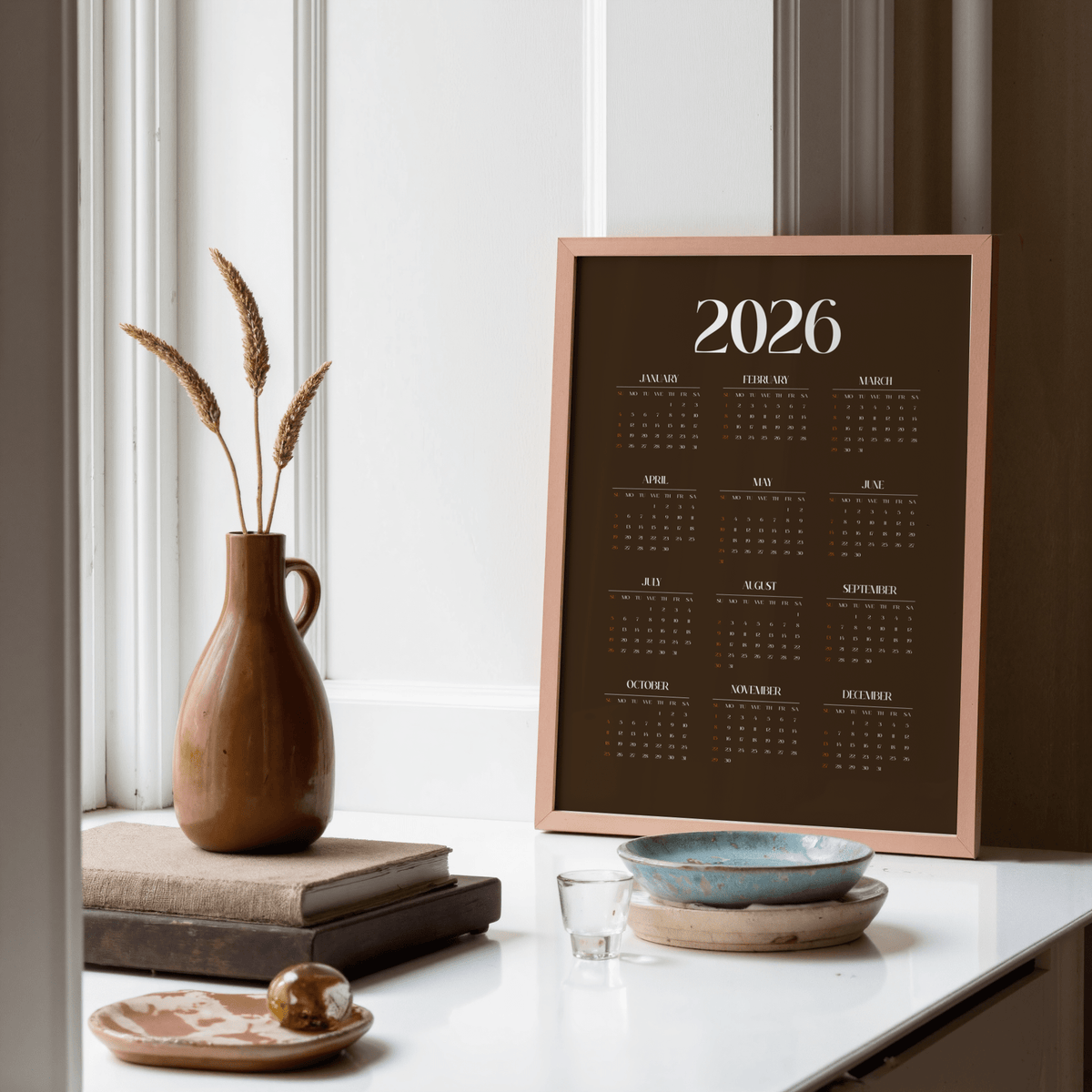 Functional Brown Calendar Print calendar design in brown, orange, white for bedroom