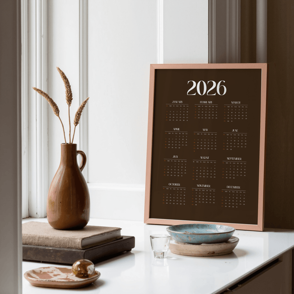 Functional Brown Calendar Print calendar design in brown, orange, white for bedroom