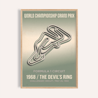 Featuring a winding track outline, this Formula 1 Circuit Art Print poster includes World Championship Grand Prix text and 1968 details