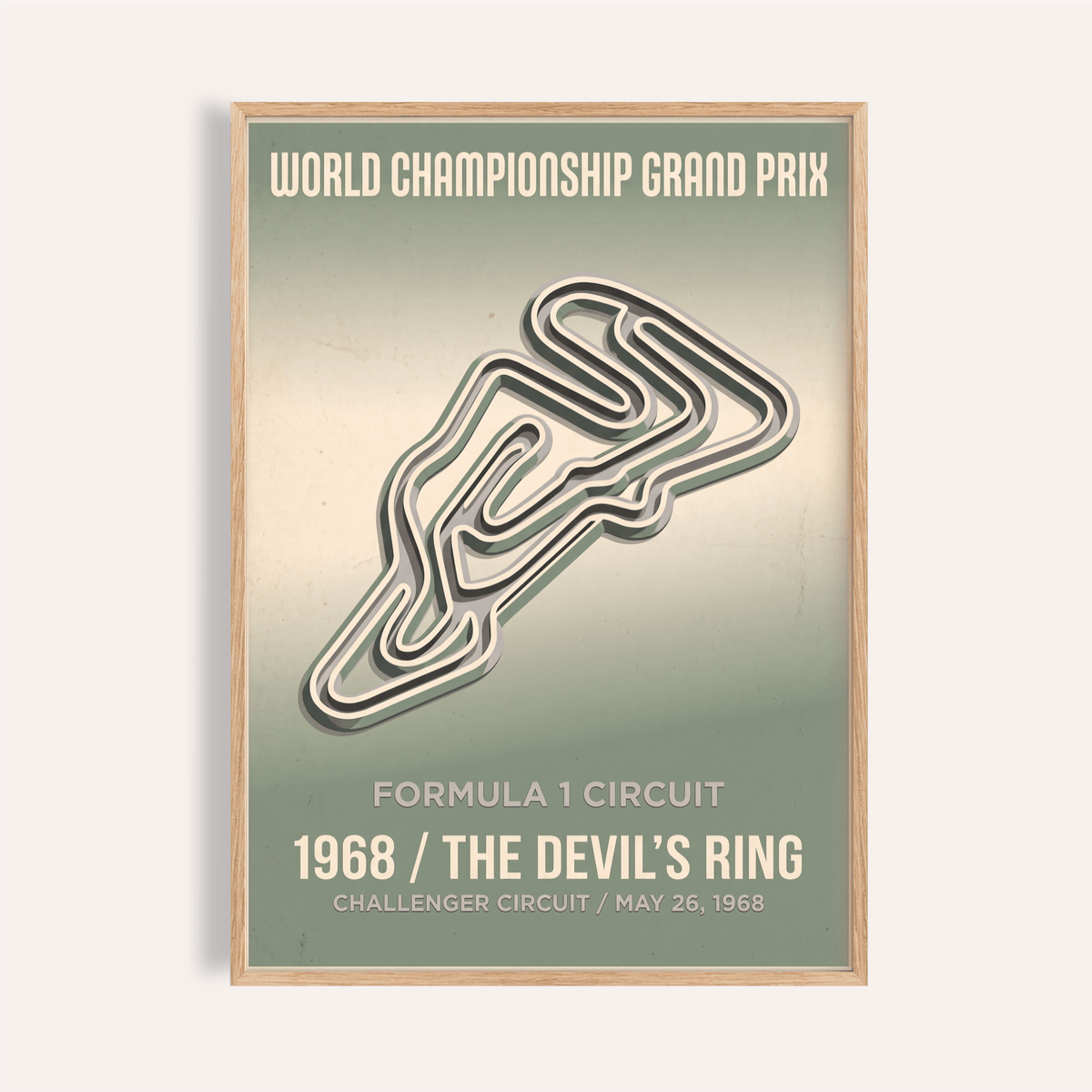 Featuring a winding track outline, this Formula 1 Circuit Art Print poster includes World Championship Grand Prix text and 1968 details