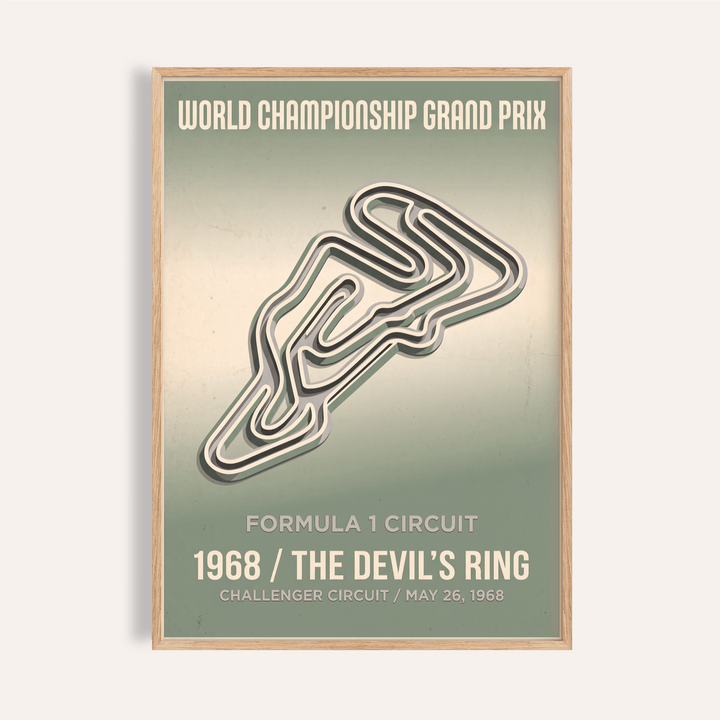 Featuring a winding track outline, this Formula 1 Circuit Art Print poster includes World Championship Grand Prix text and 1968 details