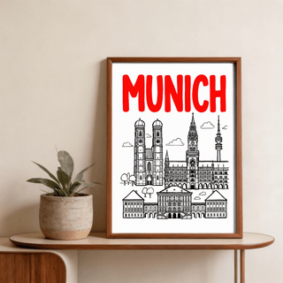 Minimal travel skyline art showing broadcast tower and surrounding clouds