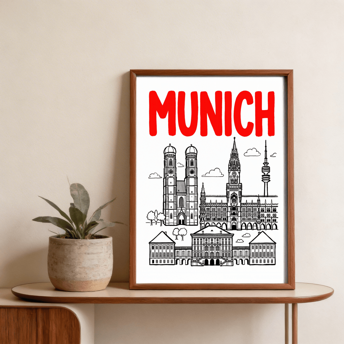Minimal travel skyline art showing broadcast tower and surrounding clouds