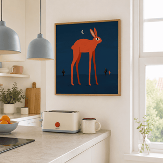 Minimal animal print showing long-legged rabbit in profile on dark background
