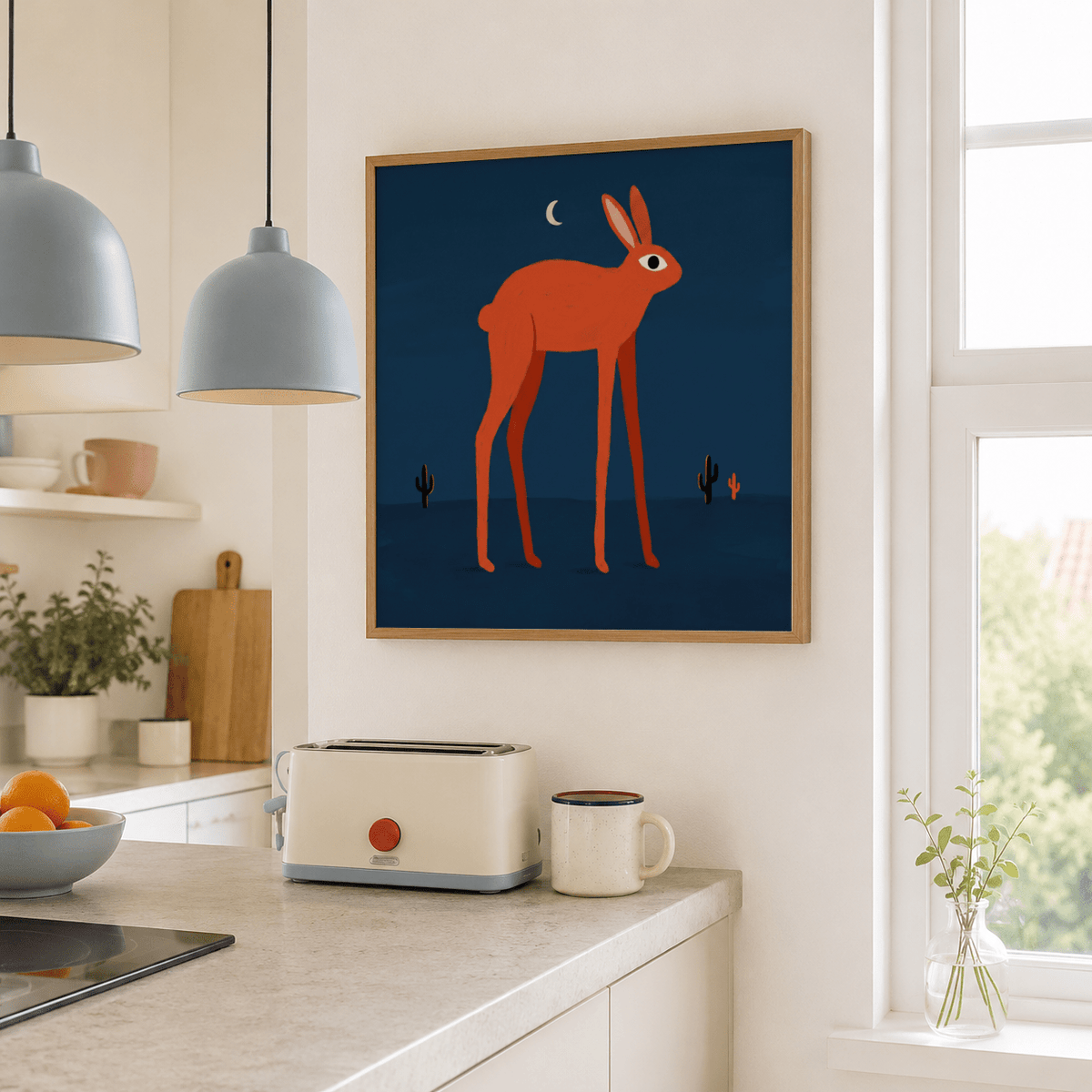 Minimal animal print showing long-legged rabbit in profile on dark background